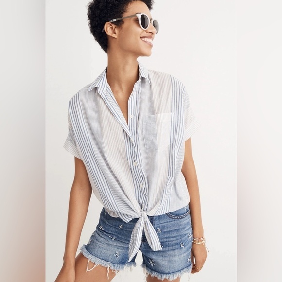 Madewell Tops - MADEWELL Short-Sleeve Tie-Front Shirt in Rawley Stripe Small A46